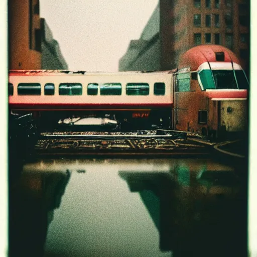 Image similar to 1990s perfect 8K HD professional cinematic photo of a train in dystopian city, at evening during rain, at instagram, Behance, Adobe Lightroom, with instagram filters, depth of field, taken with polaroid kodak portra