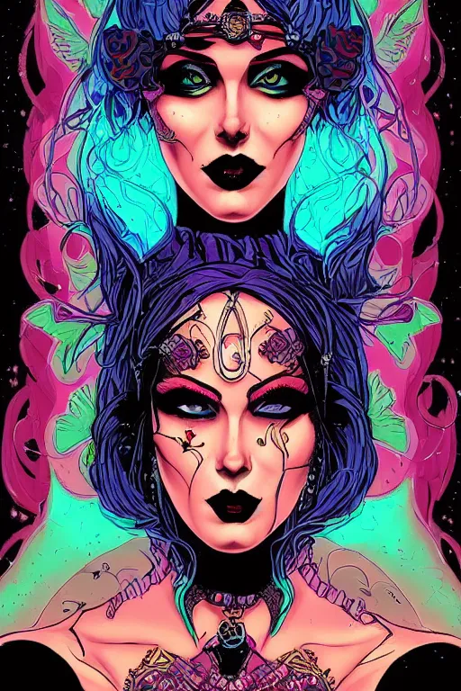 Image similar to comic art portrait of jewel beautiful goth girl queen in the style of Rob Lefield and Dan Mumford , trending on artstation, digital art,surrealism ,macro,blueprint ,vaporwave , black outline