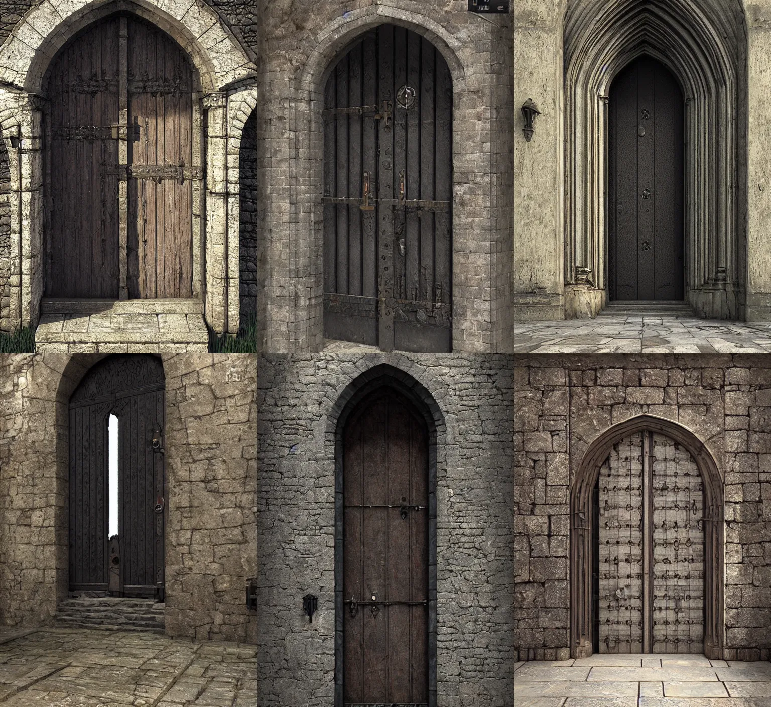 Prompt: wide medieval door with black steel bars and black knobs, unreal engine, greg rutkowski, detailed and intricate environment