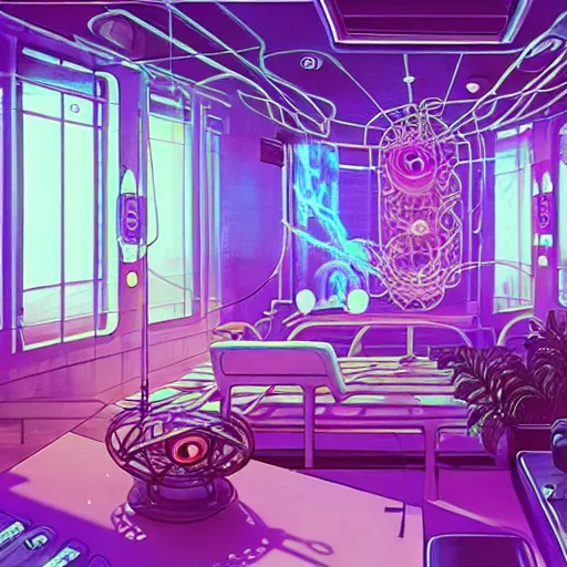 Image similar to discord room dream - 4 7, the experience of chrysalism in a cosy cluttered french sci - fi ( art nouveau ) cyberpunk street in a pastel dreamstate art cinema style. ( terrarium, computer screens, window ( street ), leds, lamp, ( ( ( piano ) ) ) ), ambient light.