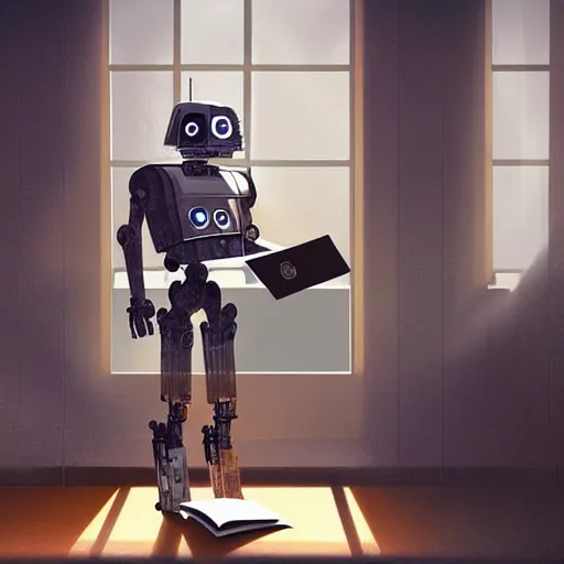 Image similar to digital painting of a droid robot reading a book, concept art, sunlight pouring through window, large scale, high detail, futuristic, godrays, volumetric lighting, warm lighting