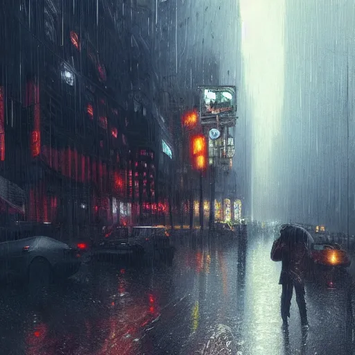 Image similar to a beautifull intricate rainy day in a cyberpunk city, brutalism, punks, reflexions, raindrops, high details by william turner art, greg rutkowski and alphonse mucha, trending on artstation, very very detailed, masterpiece,