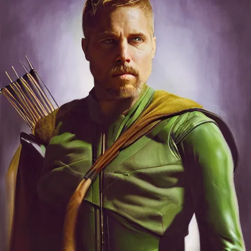 Image similar to surreal portrait painting of oliver queen in style of kenne gregoire, 4 k, highly detailed, epic lighting