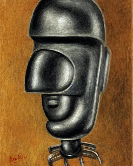 Image similar to portrait of a steel robot with metal face, in the style of Pierre-Auguste Renoir