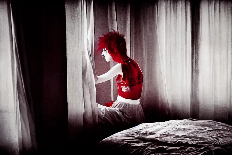 Image similar to punk girl wearing white and red looking outside the window in her bedroom during night time, elegant, highly detailed, 8 k, photorealistic, photography, real picture, heavy grain, neon lighting, hdr, photographed by steve mccurry, annie leibovitz, henri cartier - bresson, robert capa, andreas gursky