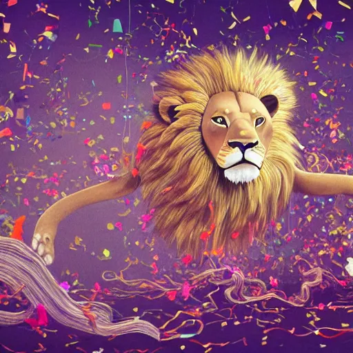 Image similar to long shot lion chasing the dream in the magical forest, lion fur made from party ribbons floating party confetti and balloons , concept art, huge scale, high details, intricate by Dali and James Jean