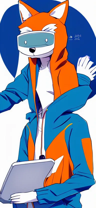 Image similar to an anime art of anthropomorphic fox in a blue hoodie hacking a portable computer, artstation, digital art, oc commission, style by riot team, high detailed, stylised