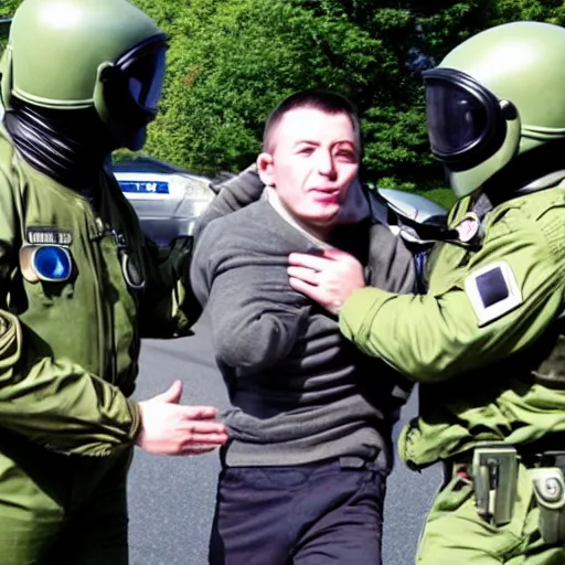 Prompt: a visitor from outer space, being arrested by spetsnaz forces