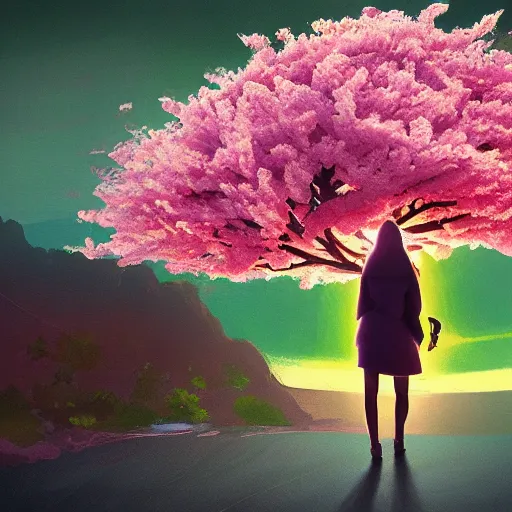 Image similar to giant cherry blossom flower as a head, girl walking in a canyon, surreal photography, sunrise, dramatic light, impressionist painting, colorful clouds, digital painting, artstation, simon stalenhag