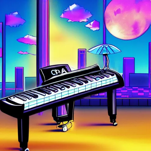 Image similar to cat playing piano synthwave digital art