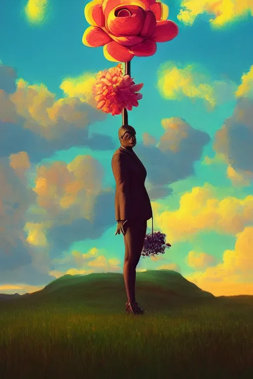 Image similar to portrait, giant flower as head, black woman in suit, surreal photography, golden hour, colorful clouds, impressionist painting, digital painting, artstation, simon stalenhag