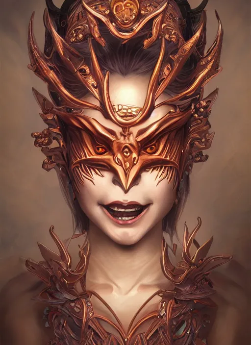 Prompt: a beautiful detailed oil on copper art illustration of a japanese hyottoko mask devil woman, centered, by charlie bowater, zeng fanzh, trending on artstation, dim dusk lighting, cinematic lighting, detailed lighting, volumetric lighting, realistic, f 8, 4 k hd wallpaper