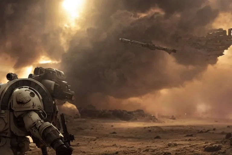 Prompt: VFX movie of a futuristic spacemarine in war zone, shooting gun natural lighting by Emmanuel Lubezki