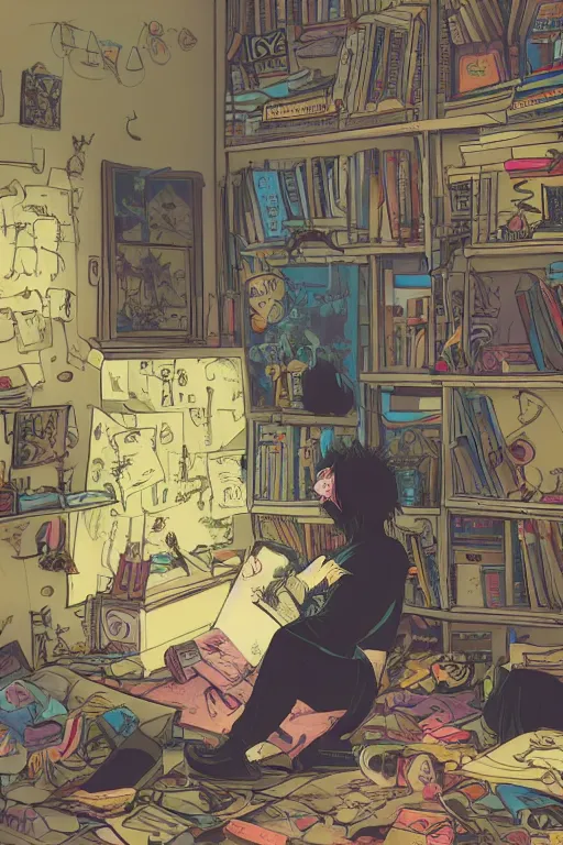 Prompt: goth guy sitting on the floor of a cluttered 9 0 s bedroom reading a book by sophie anderson, vaporwave colors, lo - fi, concept art, smooth, detailed, toon shading, cel shading, animation, 4 k, hd,