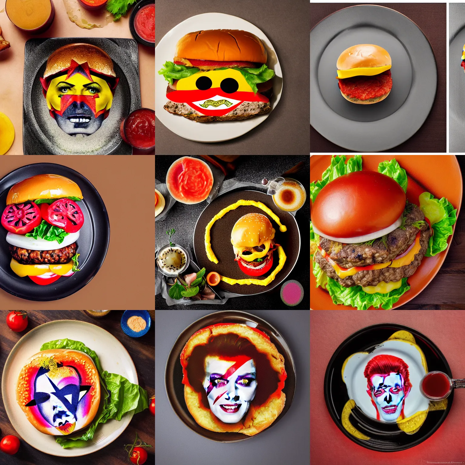 Prompt: professional food photography of a cheeseburger on a plate colored like David Bowie’s face paint