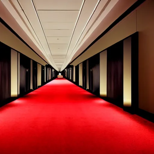 Prompt: a liminal space, very long corridor of a hotel at night, lights on ceiling, red carpet, ominous, dark