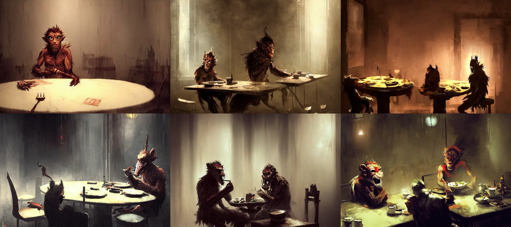 Prompt: wukong silent hill eating dinner at a table in the backrooms happiness is temporary by greg rutkowski