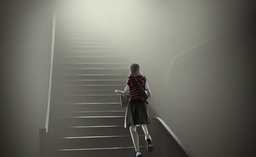 Image similar to school girl going up the stairs, gloomy and foggy atmosphere, octane render, cgsociety, artstation trending, horror scene, highly detailded