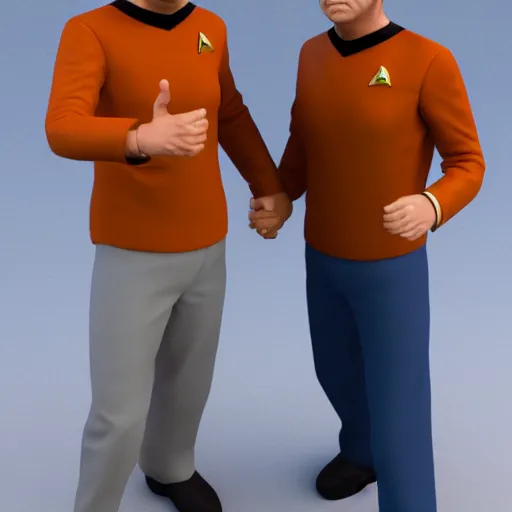 Prompt: Captain James T. Kirk and Spock hugging 3D render, high quality