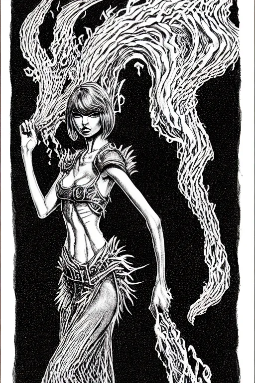 Prompt: taylor swift made of toxic smoke as a d & d monster, full body, pen - and - ink illustration, etching, by russ nicholson, david a trampier, larry elmore, 1 9 8 1, hq scan, intricate details, inside stylized border