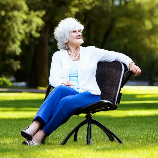 Image similar to an older woman sitting in a park using an oxygen concentrator, 4 k,