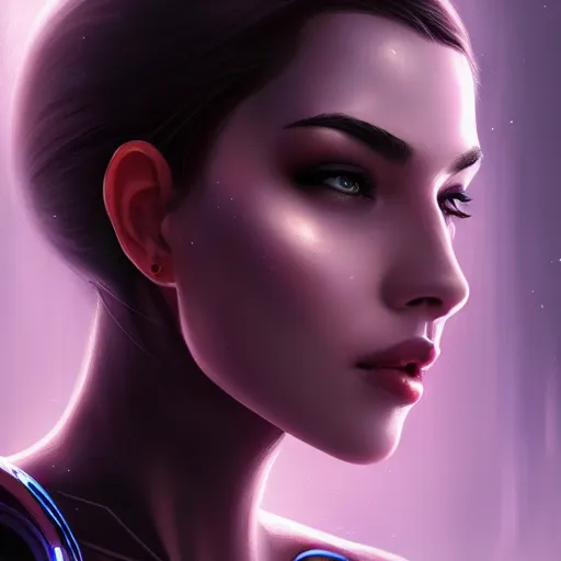 Image similar to portrait of beautiful girl with robot body by artgerm, close up, portrait, cinematic, elegant, artstation, intricate, highly detailed, digital painting, artstation, concept art, sharp focus, illustration, cyberpunk, cgsociety, 8 k