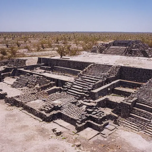 Image similar to ruins of a mesoamerican aztec city in a desert, diamond structures and floating ruins