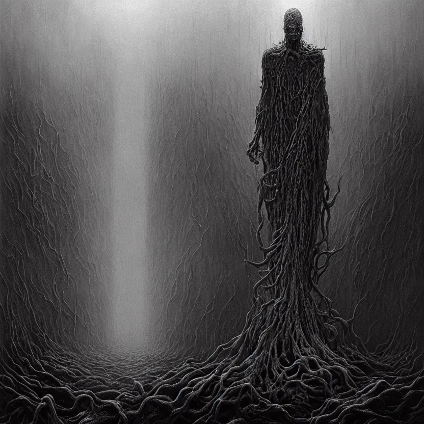 Image similar to art by Zdzislaw Beksinski detailed painting of a tall elder god, faceless nightmare emperor who is dead yet dreaming, intricate matte painting background, elegant horror artwork, many colors in eldritch nightmare, luxurious, ominous, 4k, cinematic, by Yoshitaka Amano, horizontally symmetrical, by Wayne Barlowe, trending on Artstation