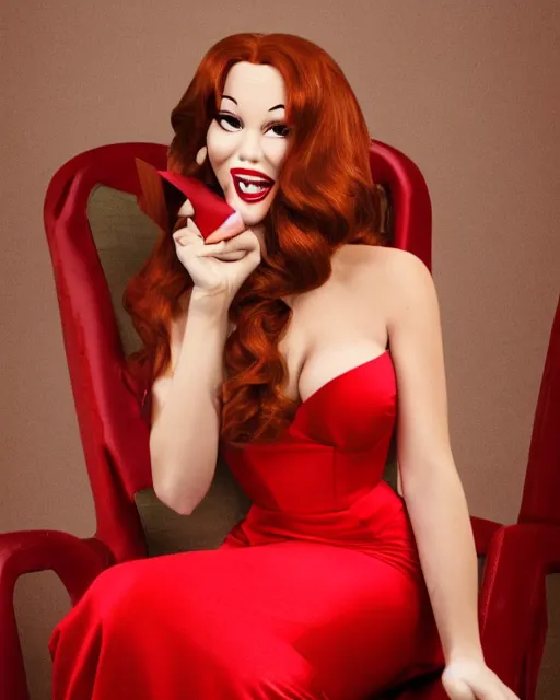 Image similar to Jessica Rabbit wearing red dress eating a bag of Doritos, sitting on a chair, photograph