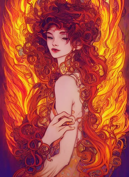 Image similar to Fire Goddess, hair made out of flames, ambient lighting, 4k, josephine wall, alphonse mucha, lois van baarle, ilya kuvshinov, rossdraws, artstation