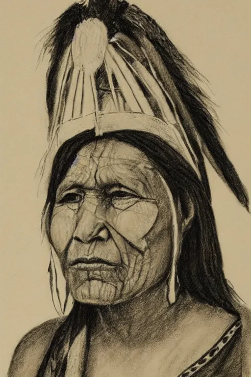 Image similar to “Charcoal sketch of a Native American indian woman, portrait, Nanye-hi Beloved Woman of the Cherokee, wearing a papoose showing pain and sadness on her face, ancient”