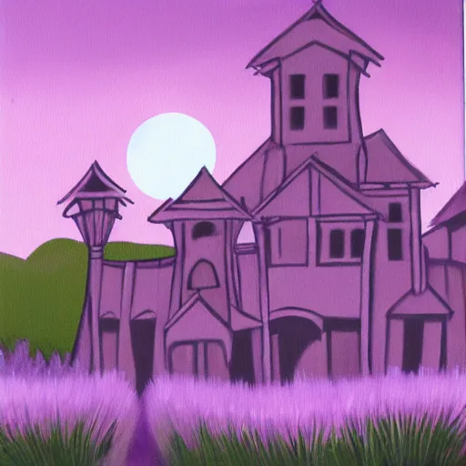 Prompt: painting canvas of lavender town, terrifying, purple dim light, ghosts flying