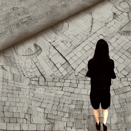 Image similar to woman, city, looking down, street top view, photoshop, photo manipulation, digital art