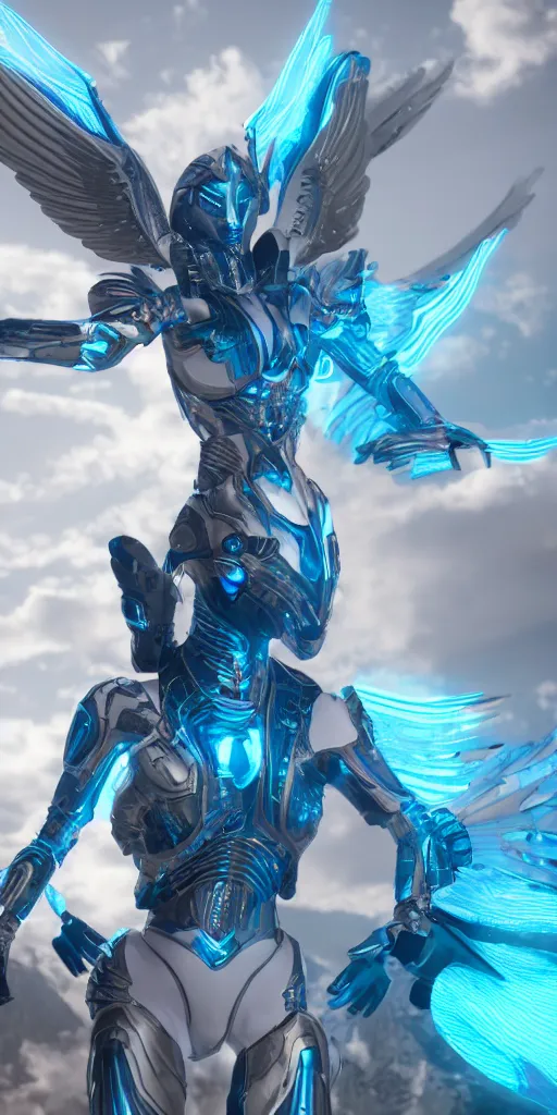 Prompt: ultra realistic details, hyper real, unreal engine 5, octane render, full body, celestial confident human in futuristic armor, new blue glowing double Hummingbird wings, floating in air, beautiful lighting, post processing