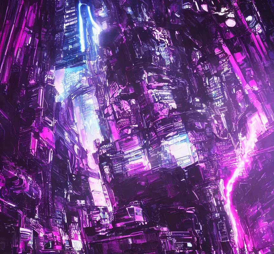 Image similar to cyberpunk retrowave terminator with purple lightning lines, acrilic paint, brush paint, heavenly atmosphere, paint, ultra detailed, beautiful image, resolution, artstation