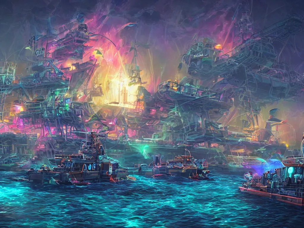 Prompt: modern pirates on a torpedo boat attack a barge. Style as if Dan Mumford and Steven Belledin make game in Unreal Engine, photorealism, colorful, finalRender iridescent fantasy concept art 8k resolution concept art ink drawing volumetric lighting bioluminescence, plasma, neon, brimming with energy, electricity, power, Colorful Sci-Fi Steampunk Biological Living, cel-shaded, depth, particles, lots of reflective surfaces, subsurface scattering