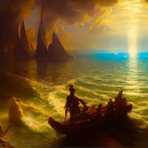 Image similar to point of view of deep in the ocean looking up, you see fishes, higher up you see very clearly the milk way illuminating the sea down bellow, night time. highly detailed painting by gaston bussiere, greg rutkowski 8 k