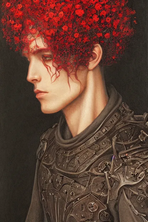 Image similar to portrait of beautiful gothic young man, thunderstorm, cyber armor, a lot of scars, more and more flowers, red head, the middle ages, highly detailed, artstation, illustration, art by jean delville, 8 k quality, art by greg gandy