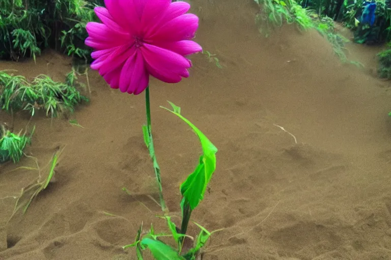 Image similar to a flower made by kia during a sandstrom in a rainforest