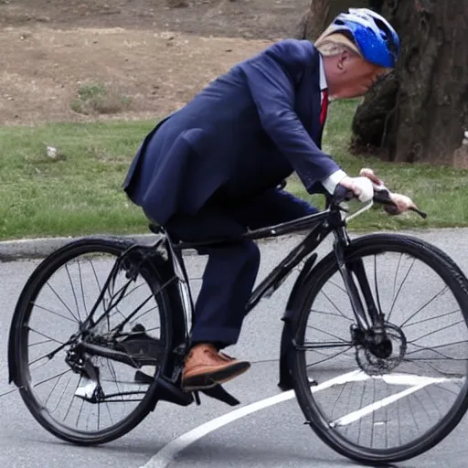 Prompt: Donald Trump falling from his bike on an asphalt road, TV-News highly detailed picture