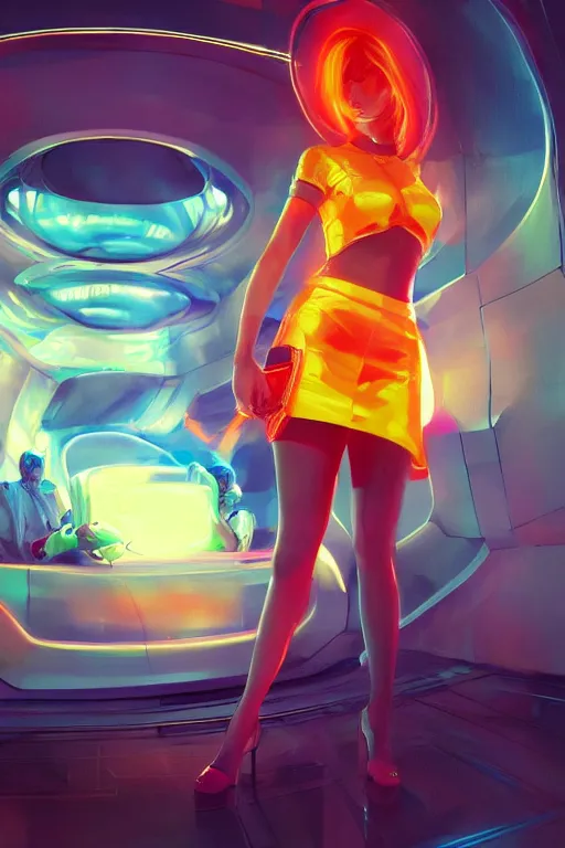 Prompt: digital art of a beautiful girl wearing a neon mini skirt in a futuristic spaceship, expressive oil painting, by wlop, by artgerm, by dan mumford, anime style, octane render, full body shot