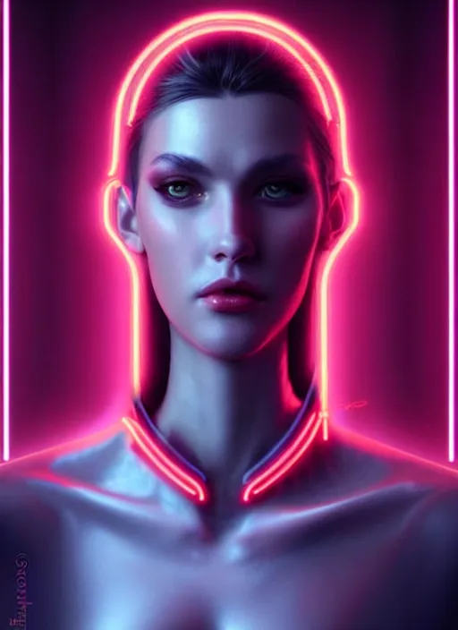 Image similar to portrait of european female humanoid, very intricate, elegant, cyber neon lights, highly detailed, digital illustration, trending in artstation, trending in pinterest, glamor pose, concept art, smooth, sharp focus, art by artgerm and greg rutkowski