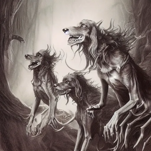 Image similar to the hounds of hell, fantasy art, artstation, alan lee, illustration, detailed