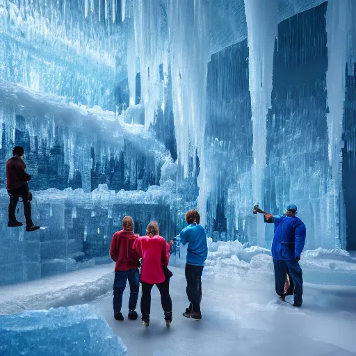 Image similar to a mammouth frozzen in a giant wall of ice perfectly intact with a group of scientists looking at it