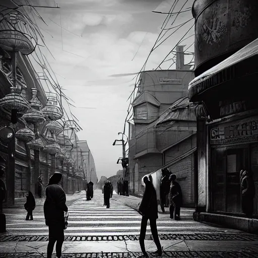 Image similar to Street photo in a crowded city on another planet, Neo Norilsk, Neo Kyiv, sci-fi, fantasy, intricate, very very beautiful, elegant, highly detailed, high contrast, shadows, smooth, photorealistic, cinematic, Unreal Engine 5, sharp focus, trending on Behance