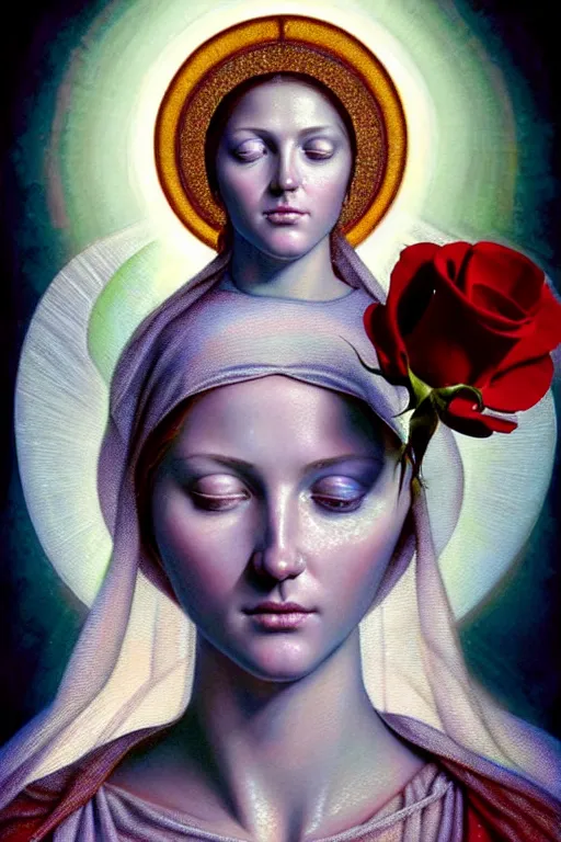 Prompt: hyperrealistic mixed media painting of Mother Mary, a halo about her head, holding a red rose!! traditional beauty, stunning 3d render inspired art by P. Craig Russell and Barry Windsor-Smith + perfect facial symmetry + dim volumetric lighting, 8k octane beautifully detailed render, post-processing, extremely hyperdetailed, intricate, epic composition, grim yet sparkling atmosphere, cinematic lighting + masterpiece, trending on artstation, very very detailed, masterpiece, stunning