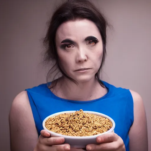 Image similar to a woman with blue skin and two lekku from star wars eats her breakfast cereal, photograph, studio lighting