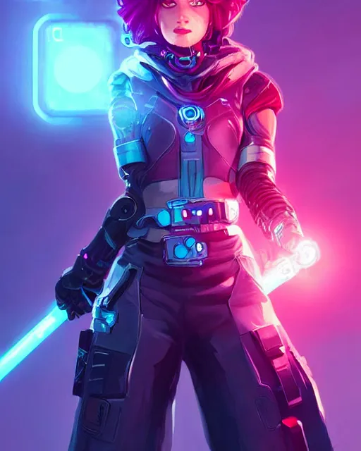 Image similar to A cybernetic witch wielding a futuristic power staff, digital apex legends illustration portrait, gorgeous lighting, wide angle action dynamic portrait, art by Ross tran, Pink and blue palette, high contrast,