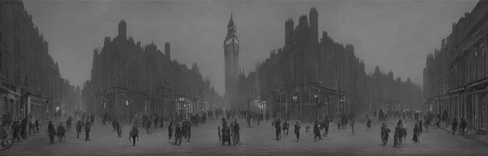 Image similar to London street september 6th, 1875, at night time, wideshot, cinematic