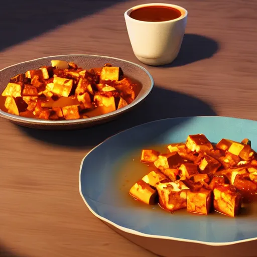 Image similar to An epic fantastic realism comic book style painting of the most beautiful mapo tofu, unreal 5, DAZ, hyperrealistic, octane render, dynamic lighting